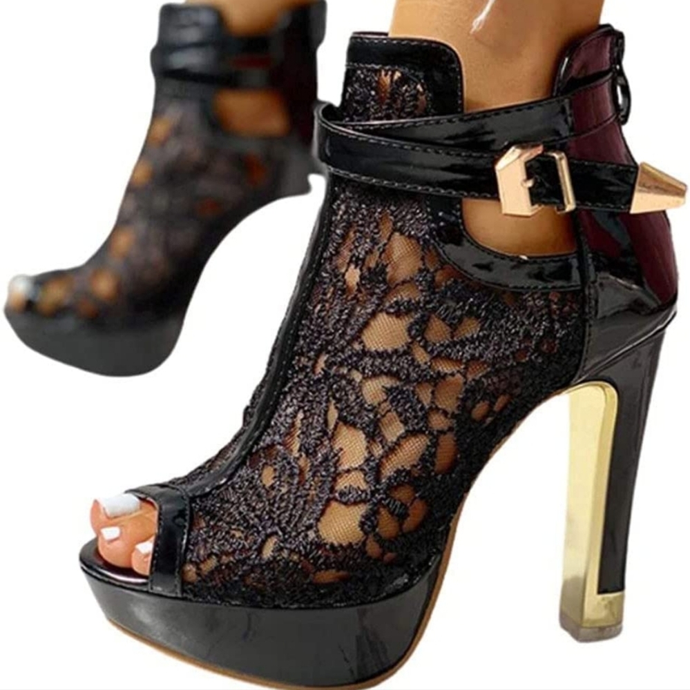 Woman's Ankle High Heels Belt Buckle Peep Toe Lace Hollow Party shoe. Size EU 40